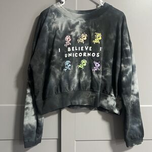 Tokidoki Womens Cropped I Believe In Unicornos Tie Dye Sweater Black Large Cozy